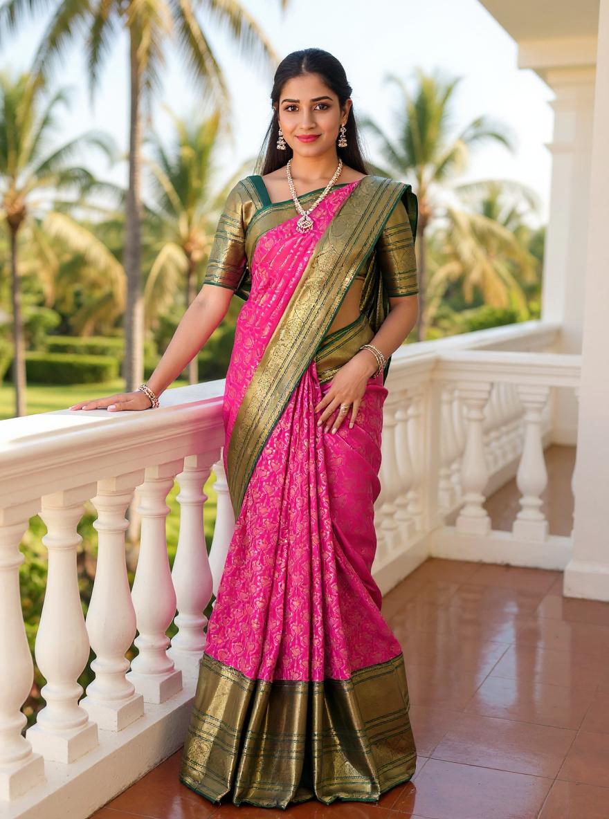 Rani Pink Floral Zari Kanchi Pattu Silk Saree