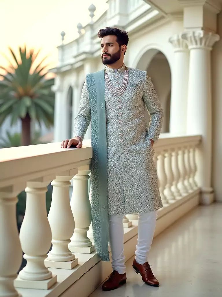 Image of All Over Beautifully Thread work Sea Green Georgette Indo Set with Elegant Dupatta - South India Shopping Mall