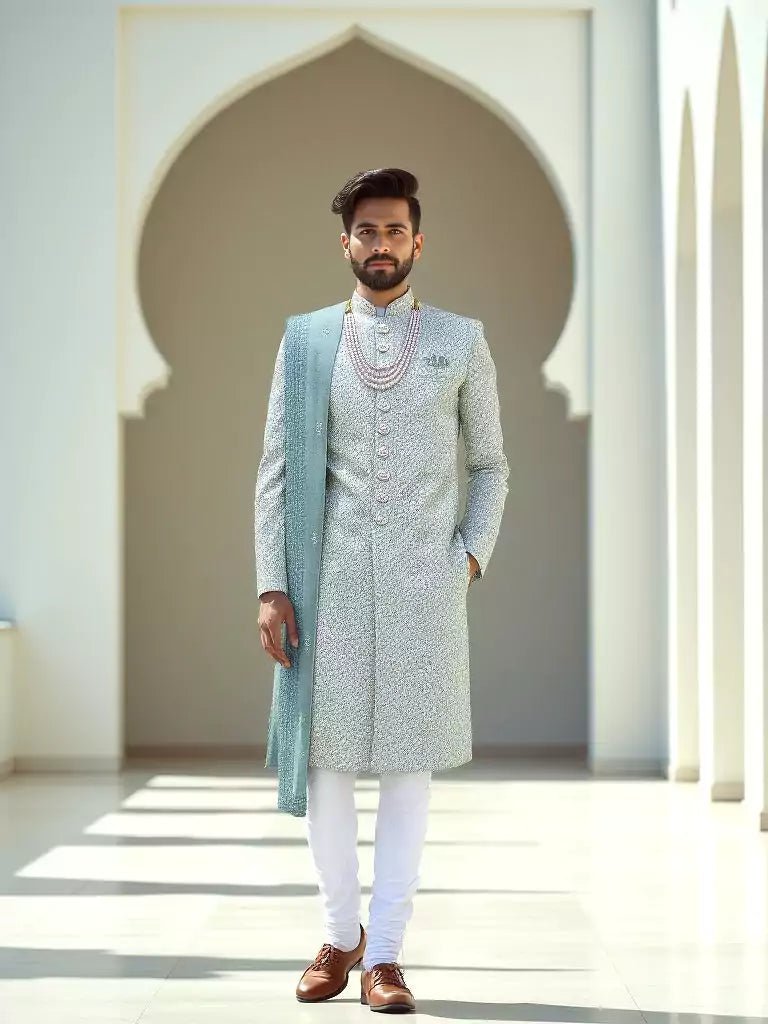 Image of All Over Beautifully Thread work Sea Green Georgette Indo Set with Elegant Dupatta - South India Shopping Mall