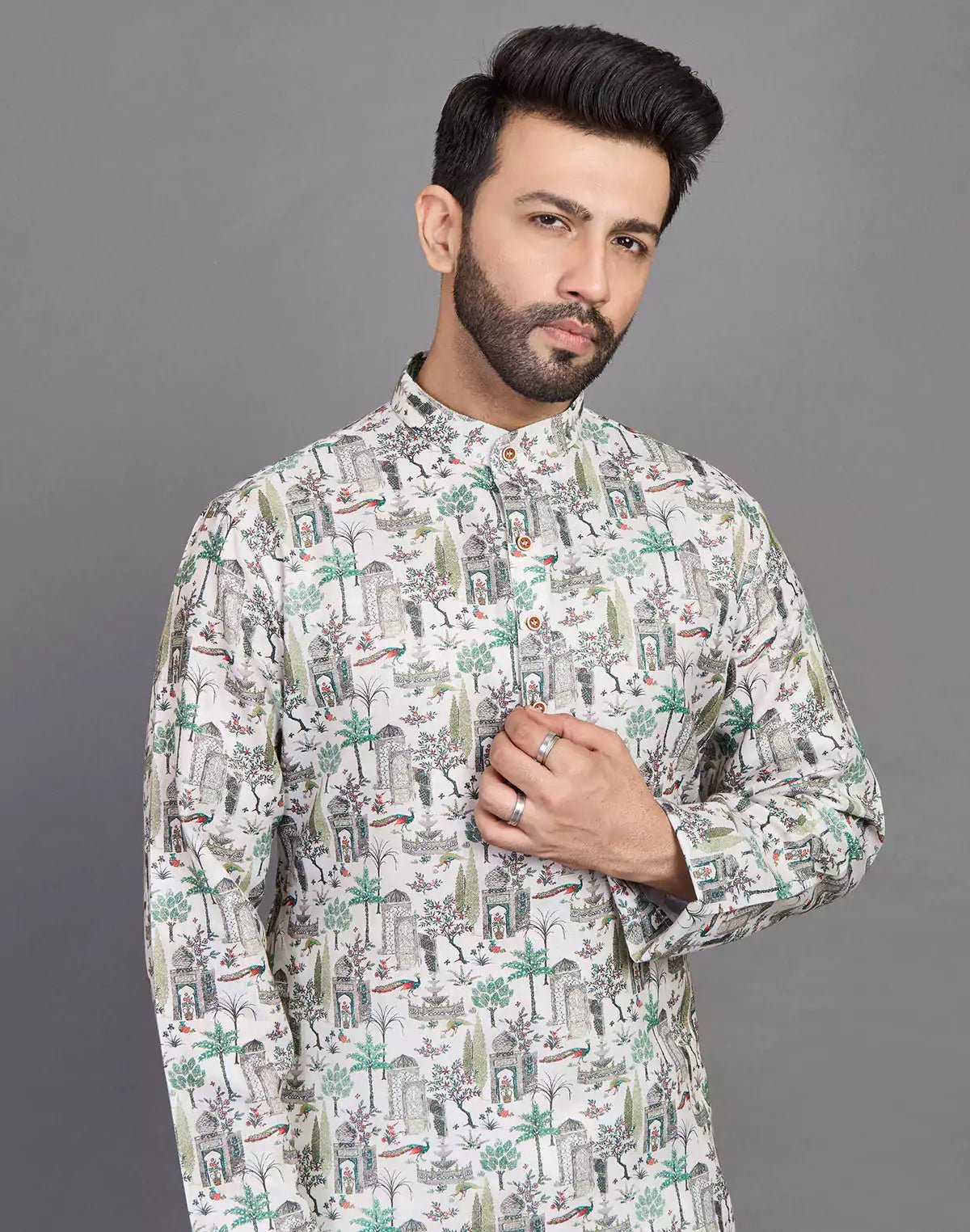 Image of All Over Botanical and Novelty Print Green Cotton Kurta - South India Shopping Mall