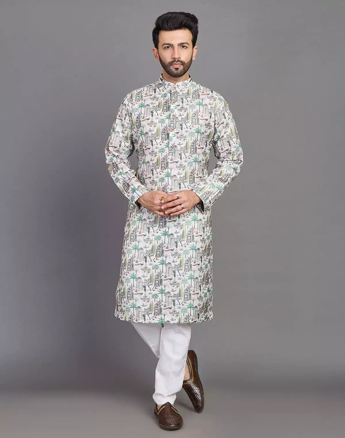 Image of All Over Botanical and Novelty Print Green Cotton Kurta - South India Shopping Mall