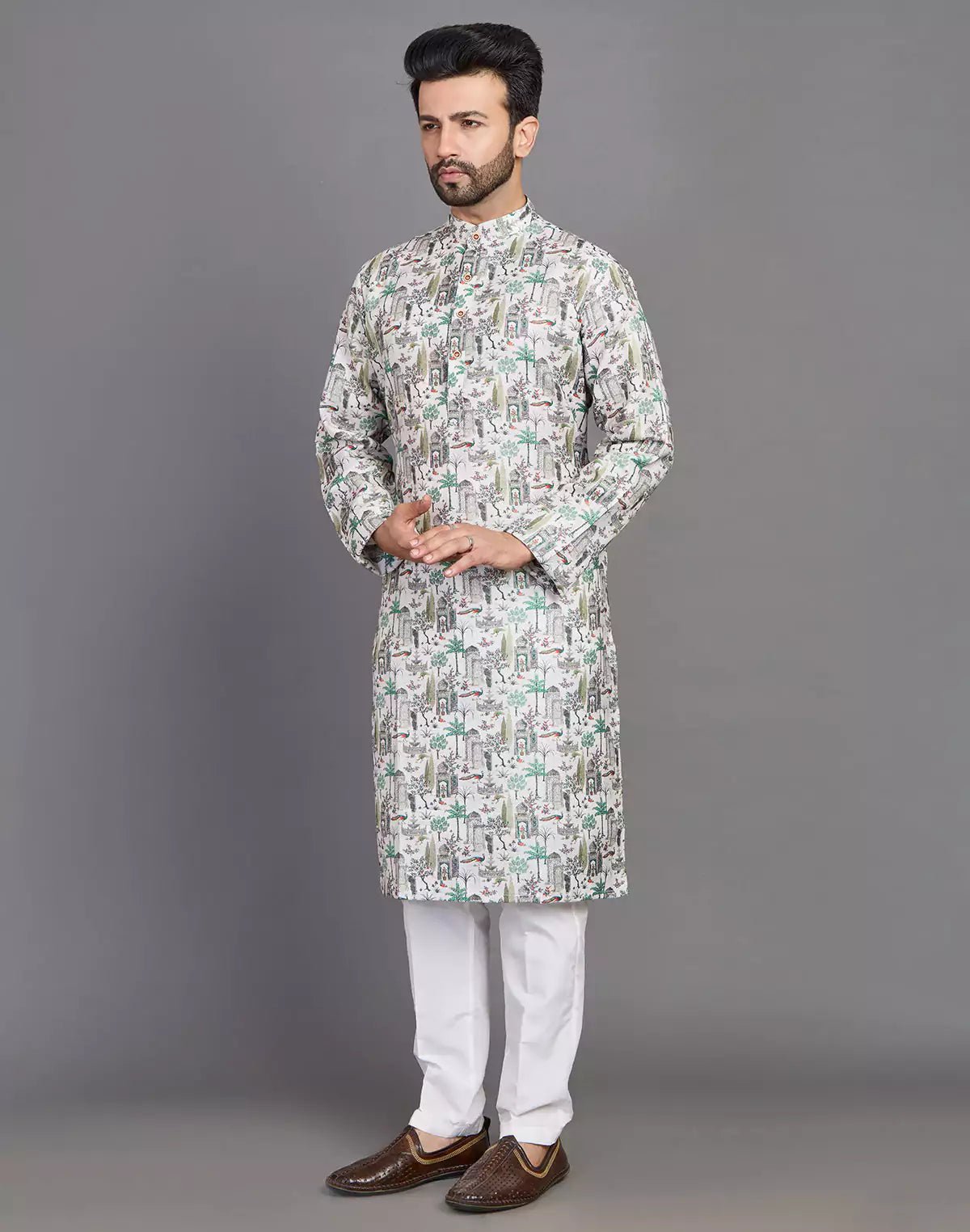 Image of All Over Botanical and Novelty Print Green Cotton Kurta - South India Shopping Mall