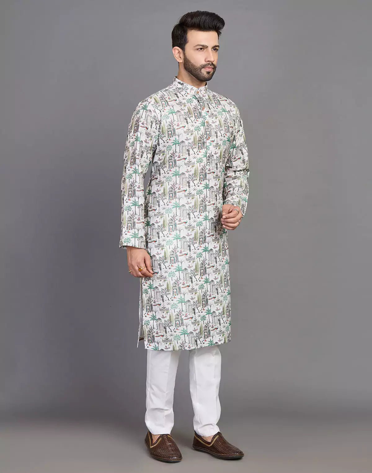 Image of All Over Botanical and Novelty Print Green Cotton Kurta - South India Shopping Mall