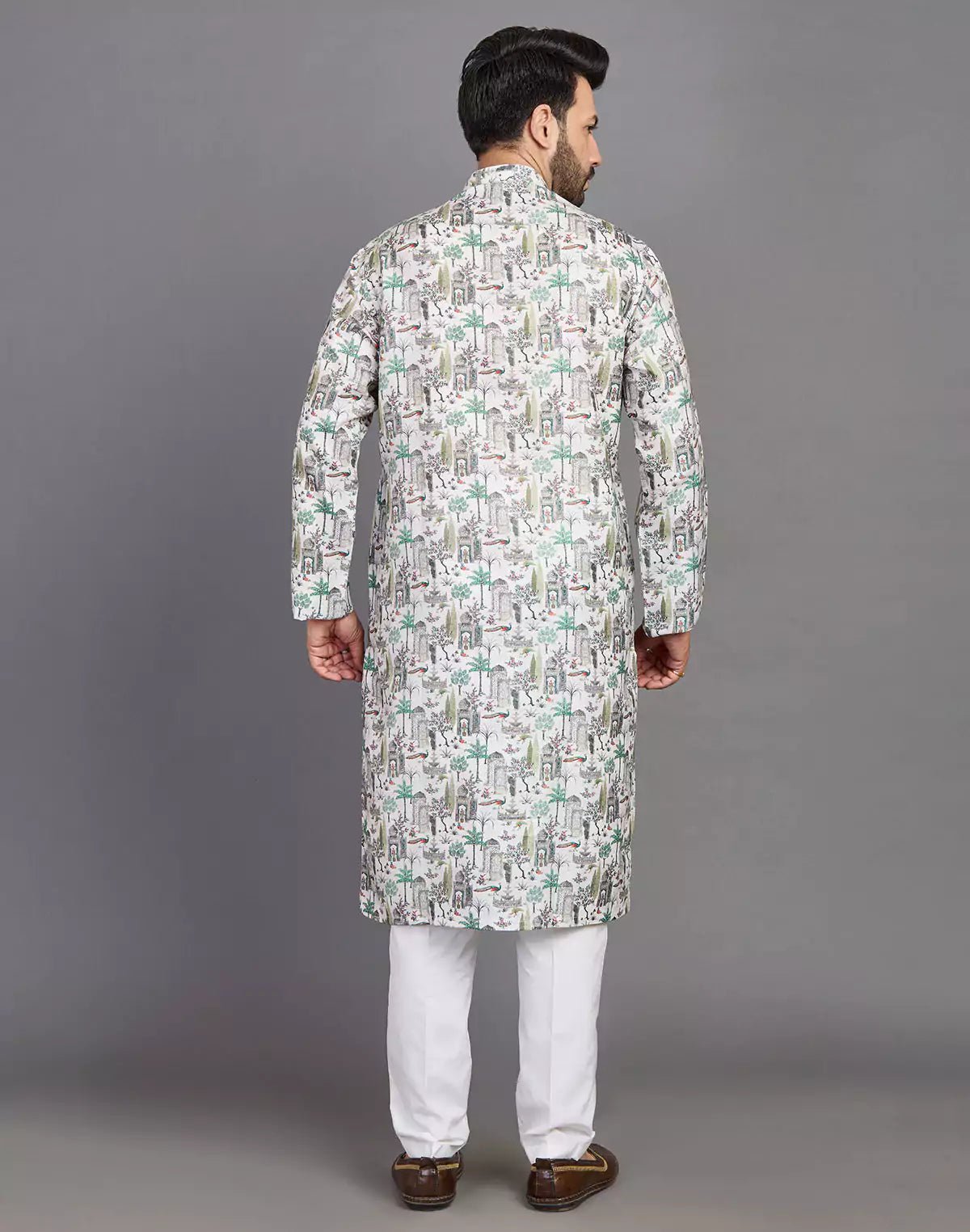 Image of All Over Botanical and Novelty Print Green Cotton Kurta - South India Shopping Mall