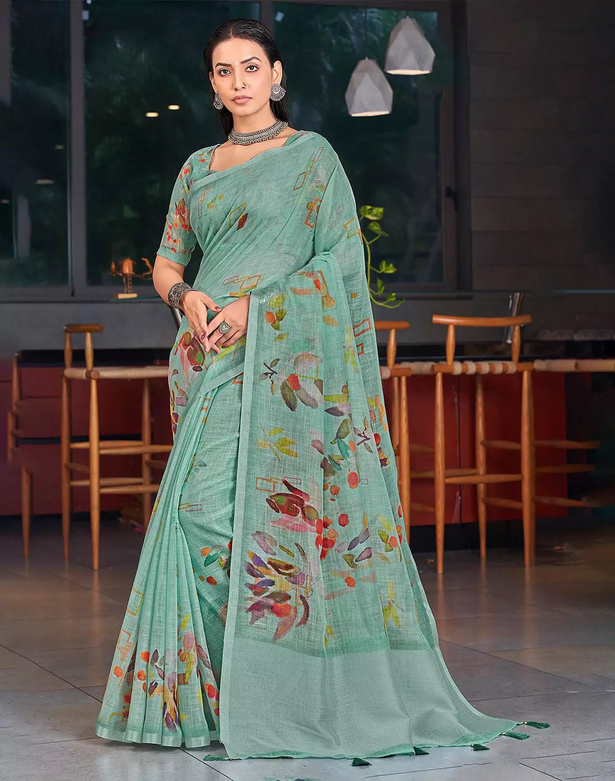 Image of All Over Digital Printed Sea Green Linen Cotton Self Saree - South India Shopping Mall