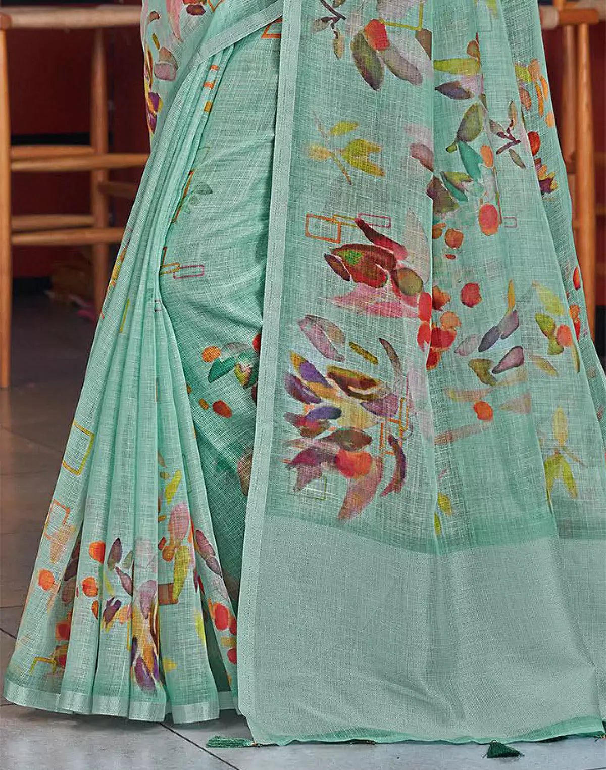 Image of All Over Digital Printed Sea Green Linen Cotton Self Saree - South India Shopping Mall