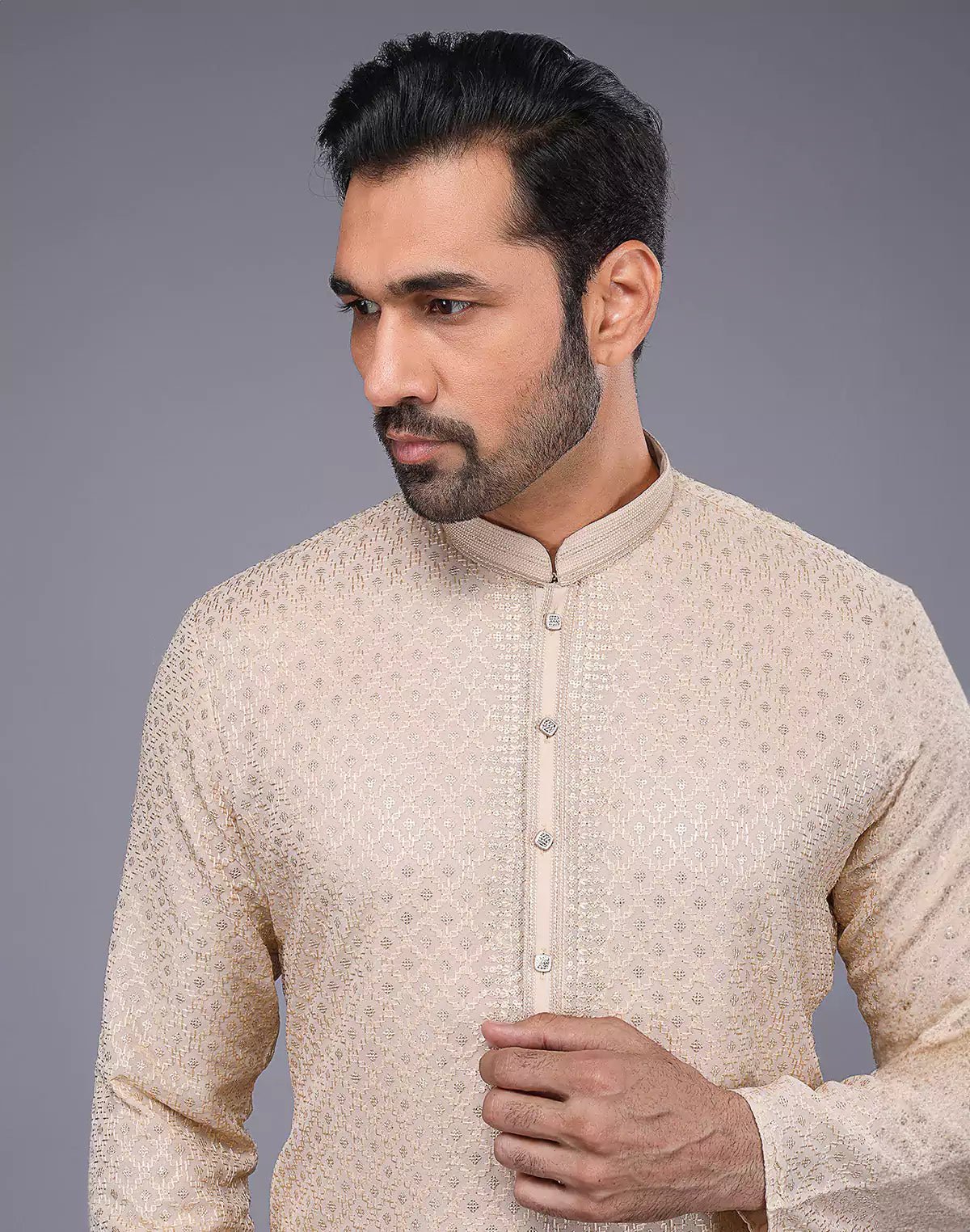 Image of All Over Embellished Work Georgette Fawn Colour Kurta Set - South India Shopping Mall