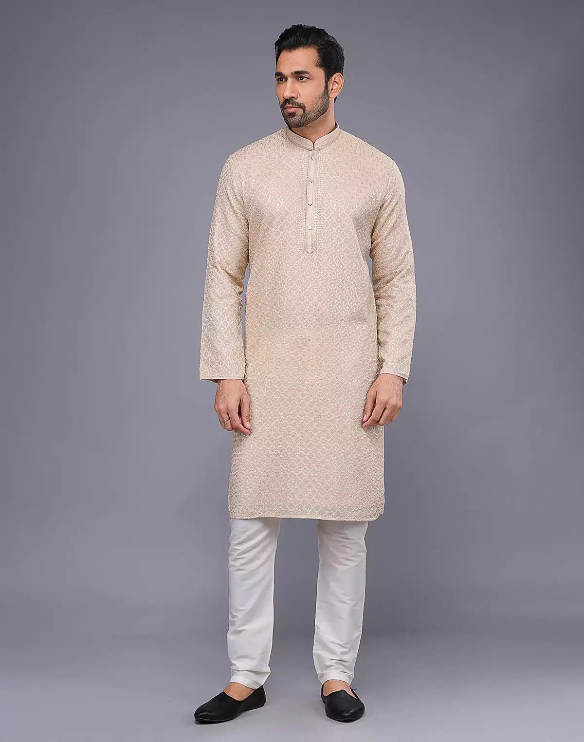 Image of All Over Embellished Work Georgette Fawn Colour Kurta Set - South India Shopping Mall