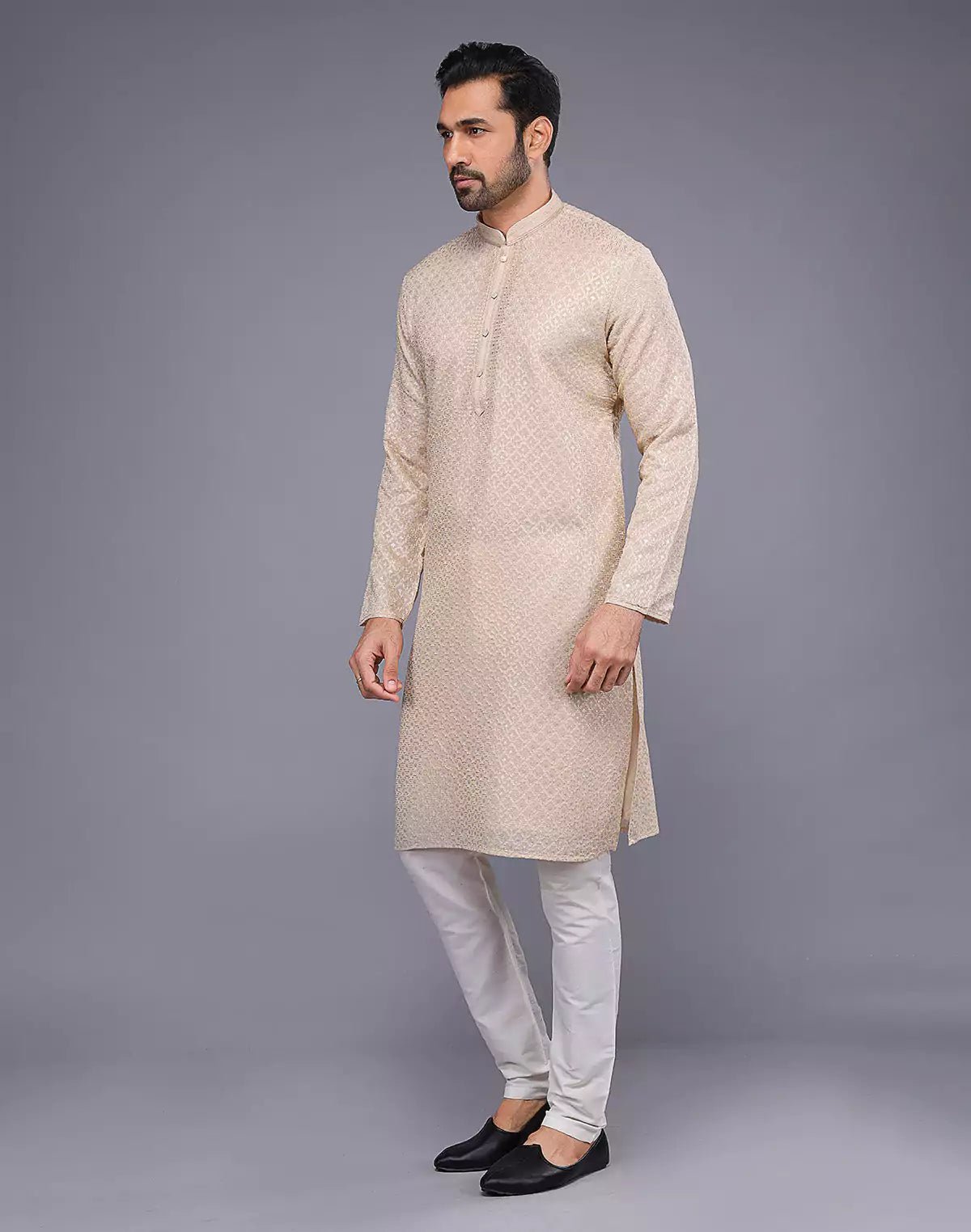 Image of All Over Embellished Work Georgette Fawn Colour Kurta Set - South India Shopping Mall