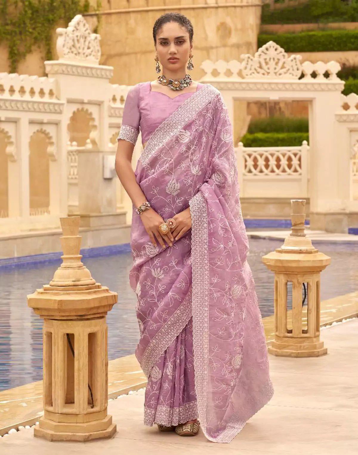 Image of All Over Embroidery Work Organza Saree in Purple - South India Shopping Mall
