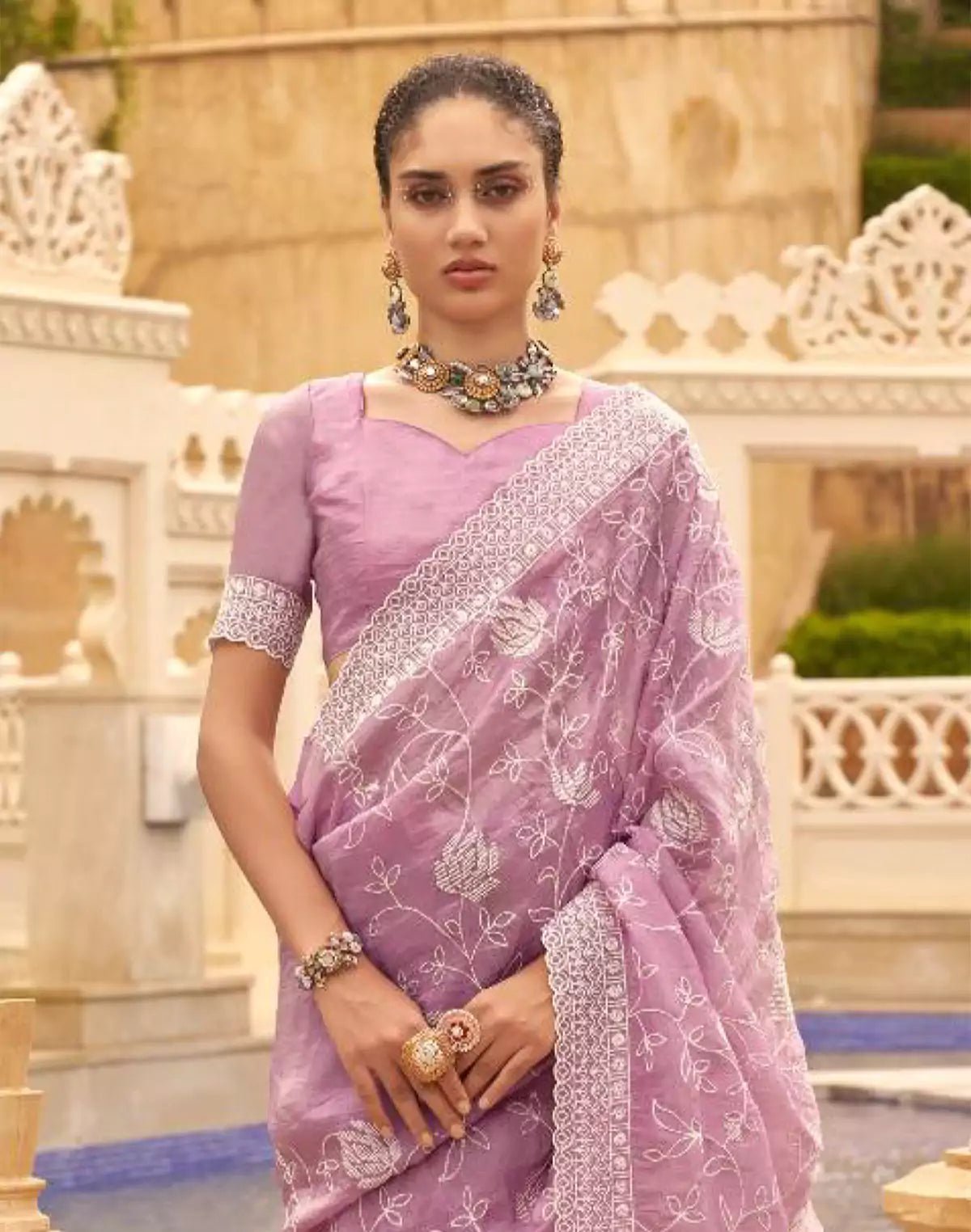 Image of All Over Embroidery Work Organza Saree in Purple - South India Shopping Mall