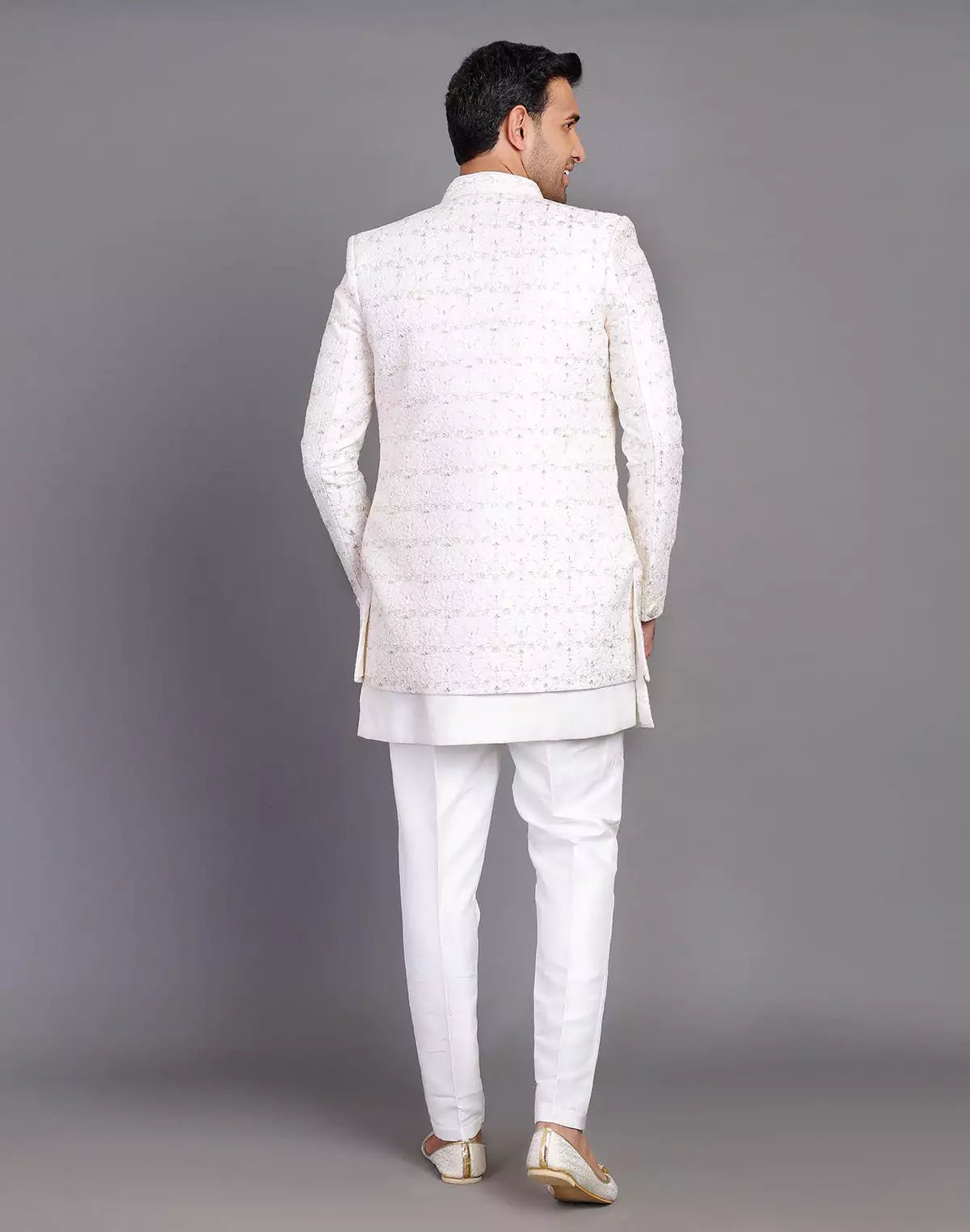 Image of All Over Floral Design Embroidery Work Cream Raw Silk Indo Open Jacket Set - South India Shopping Mall