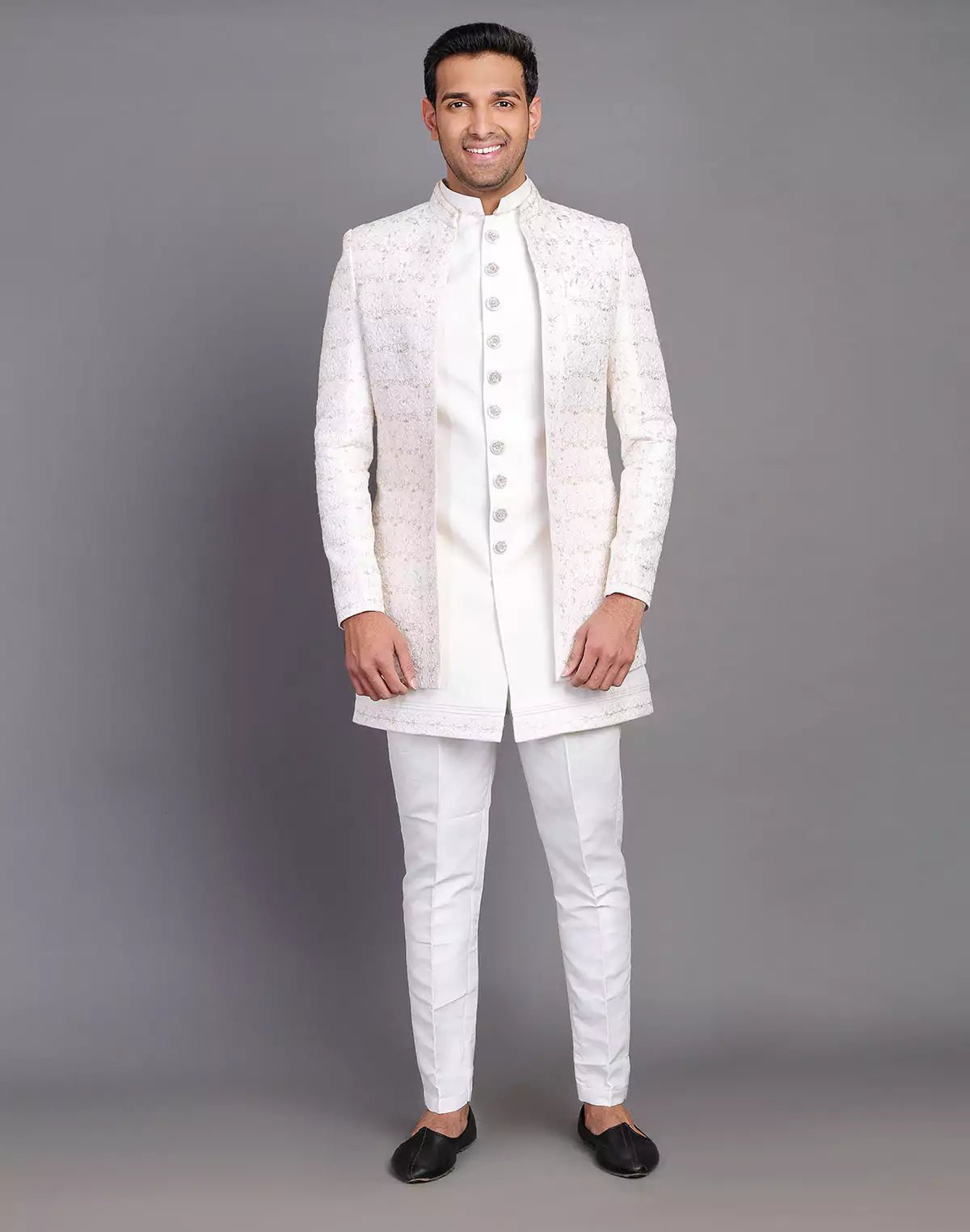 Image of All Over Floral Design Embroidery Work Cream Raw Silk Indo Open Jacket Set - South India Shopping Mall