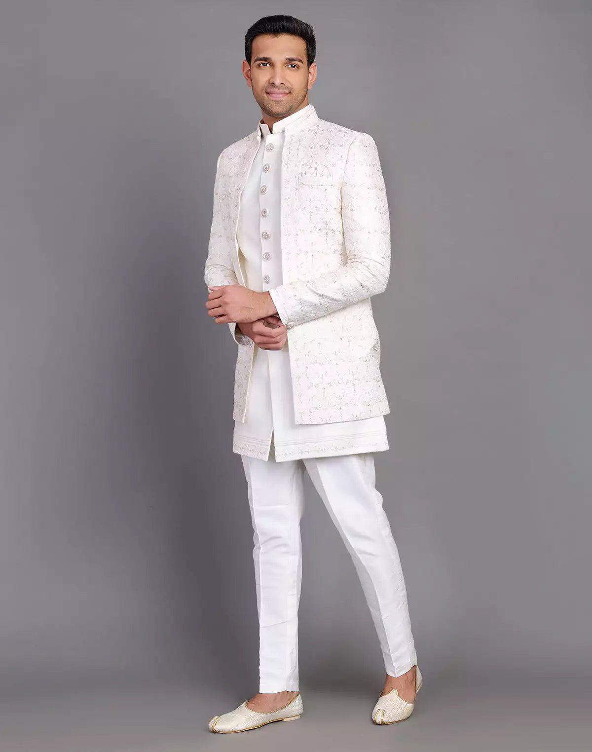 Image of All Over Floral Design Embroidery Work Cream Raw Silk Indo Open Jacket Set - South India Shopping Mall