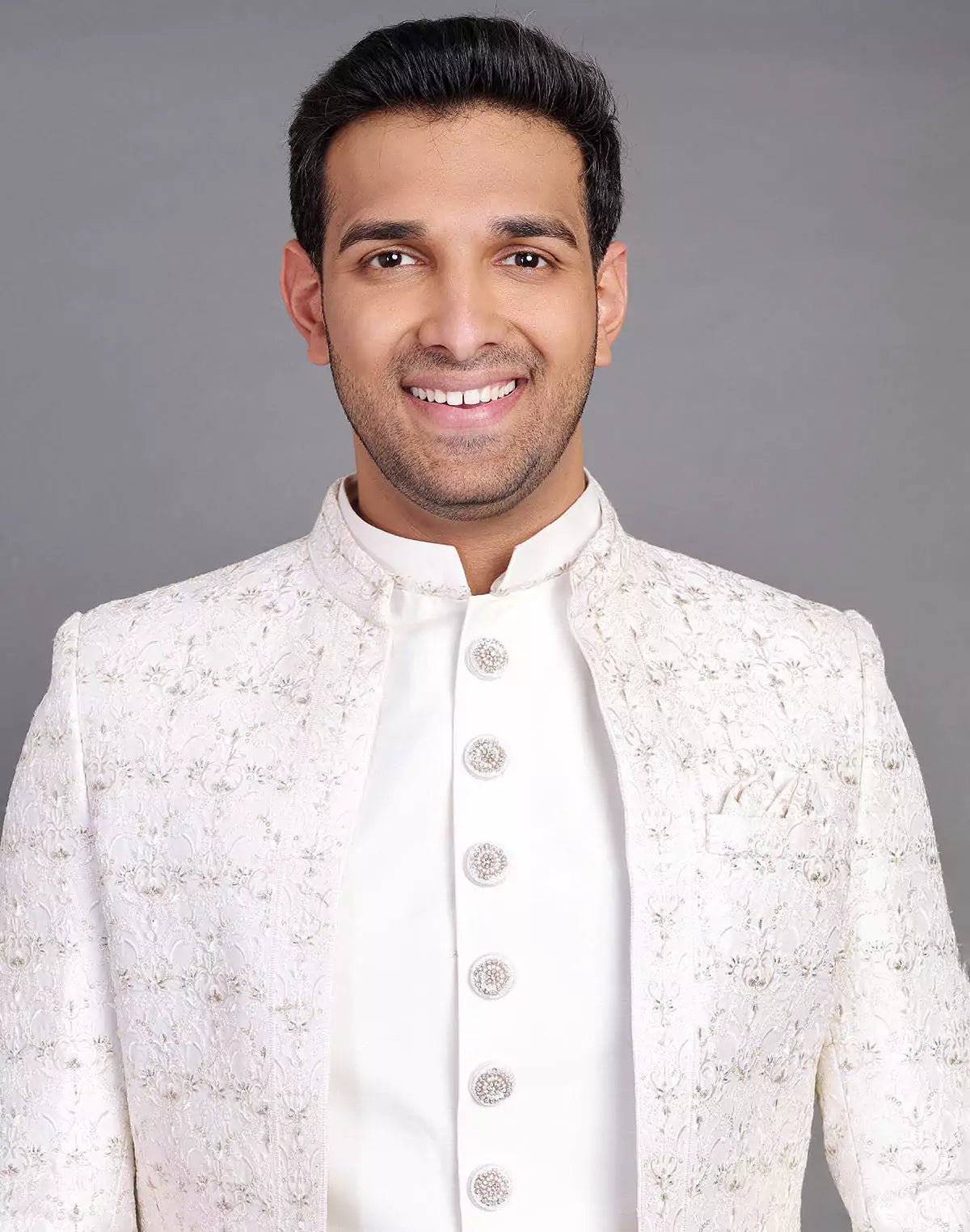 Image of All Over Floral Design Embroidery Work Cream Raw Silk Indo Open Jacket Set - South India Shopping Mall