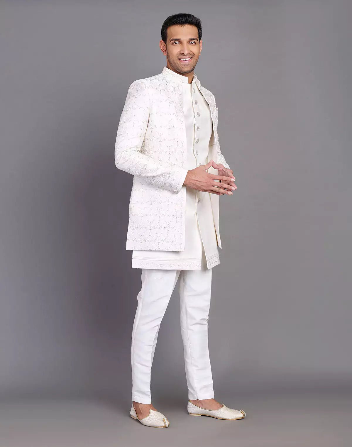 Image of All Over Floral Design Embroidery Work Cream Raw Silk Indo Open Jacket Set - South India Shopping Mall