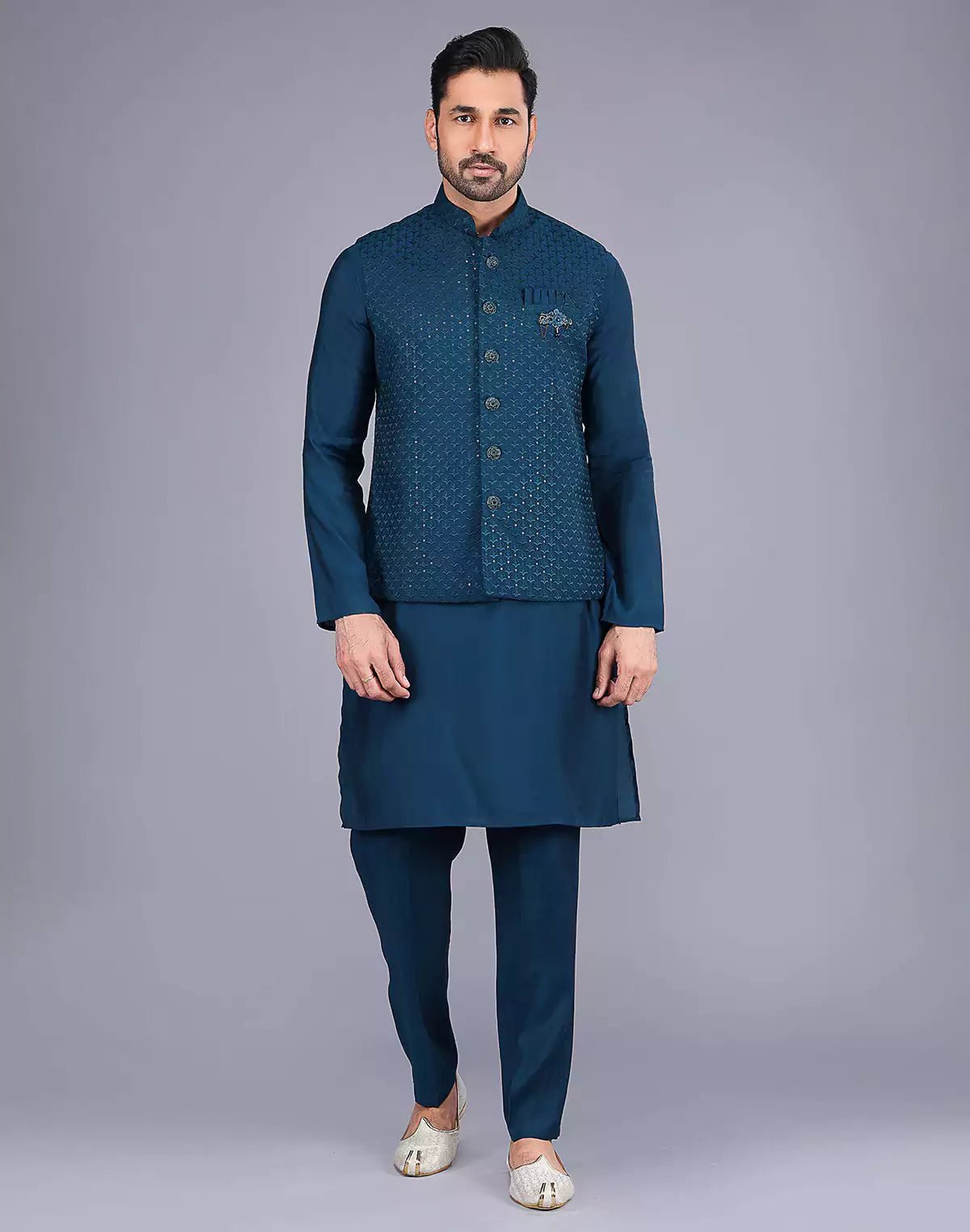 Image of All Over Floral Design Embroidery Work Rama Color Kurta Jacket Set - South India Shopping Mall