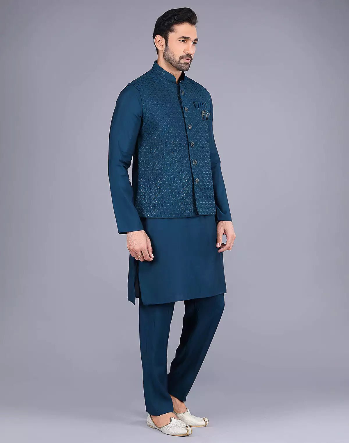 Image of All Over Floral Design Embroidery Work Rama Color Kurta Jacket Set - South India Shopping Mall