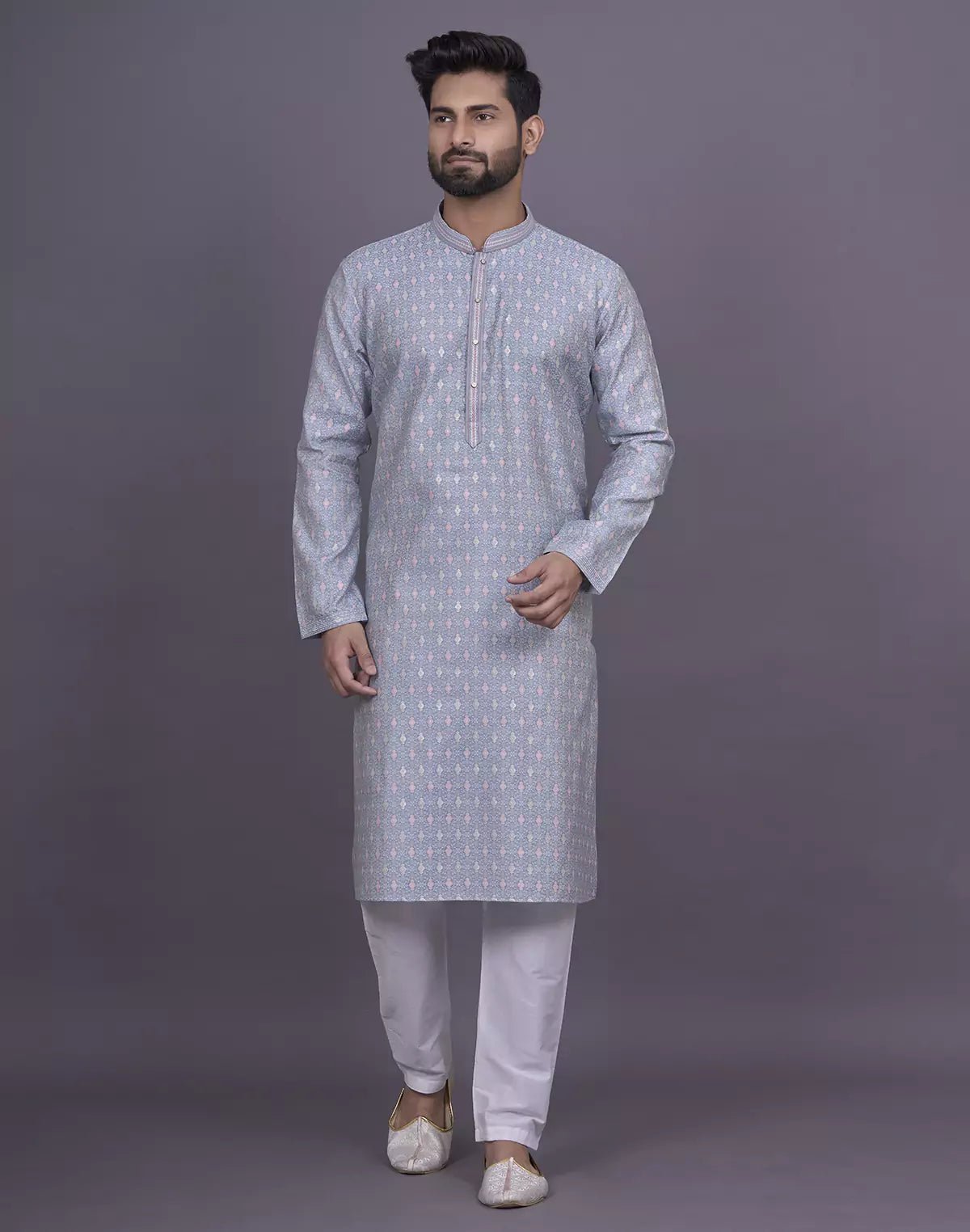 All Over Floral Design Grey Color Jacquard Kurta Pyjama Set - South India Shopping Mall