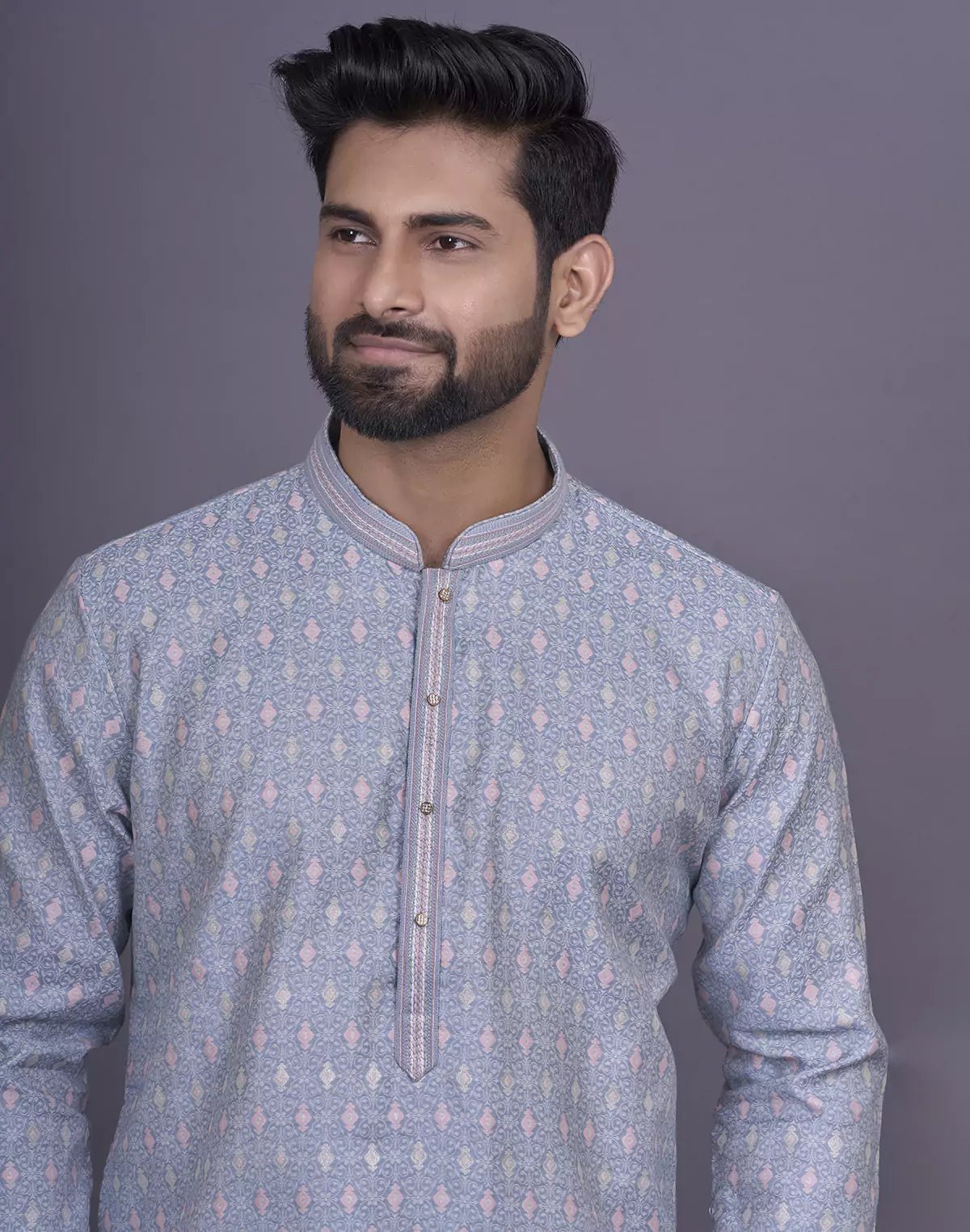 All Over Floral Design Grey Color Jacquard Kurta Pyjama Set - South India Shopping Mall