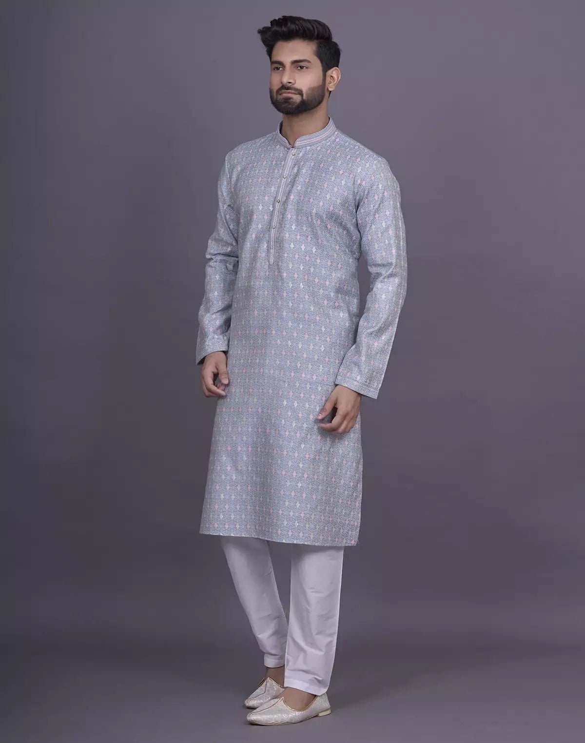 Image of All Over Floral Design Grey Color Jacquard Kurta Pyjama Set - South India Shopping Mall
