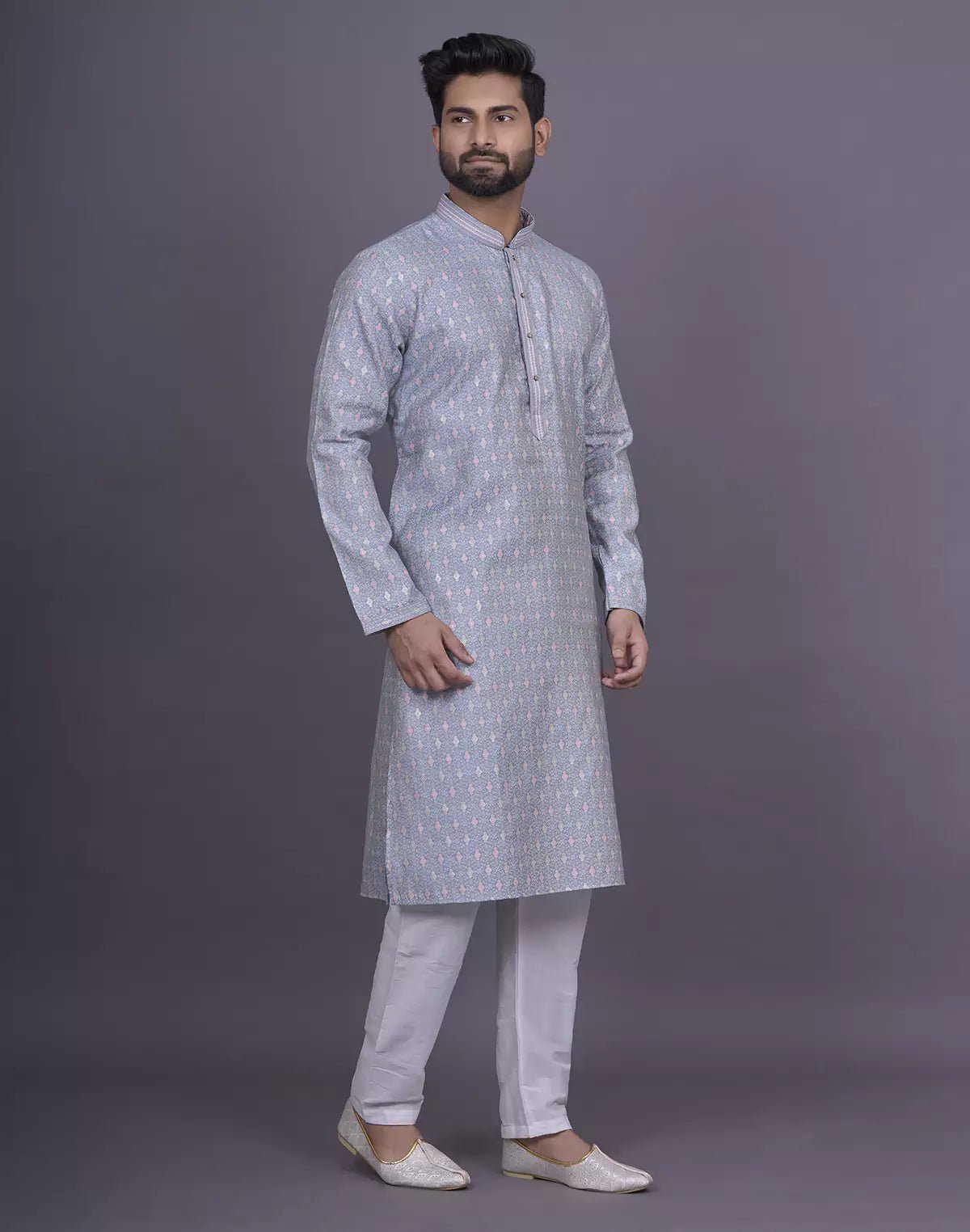 Image of All Over Floral Design Grey Color Jacquard Kurta Pyjama Set - South India Shopping Mall