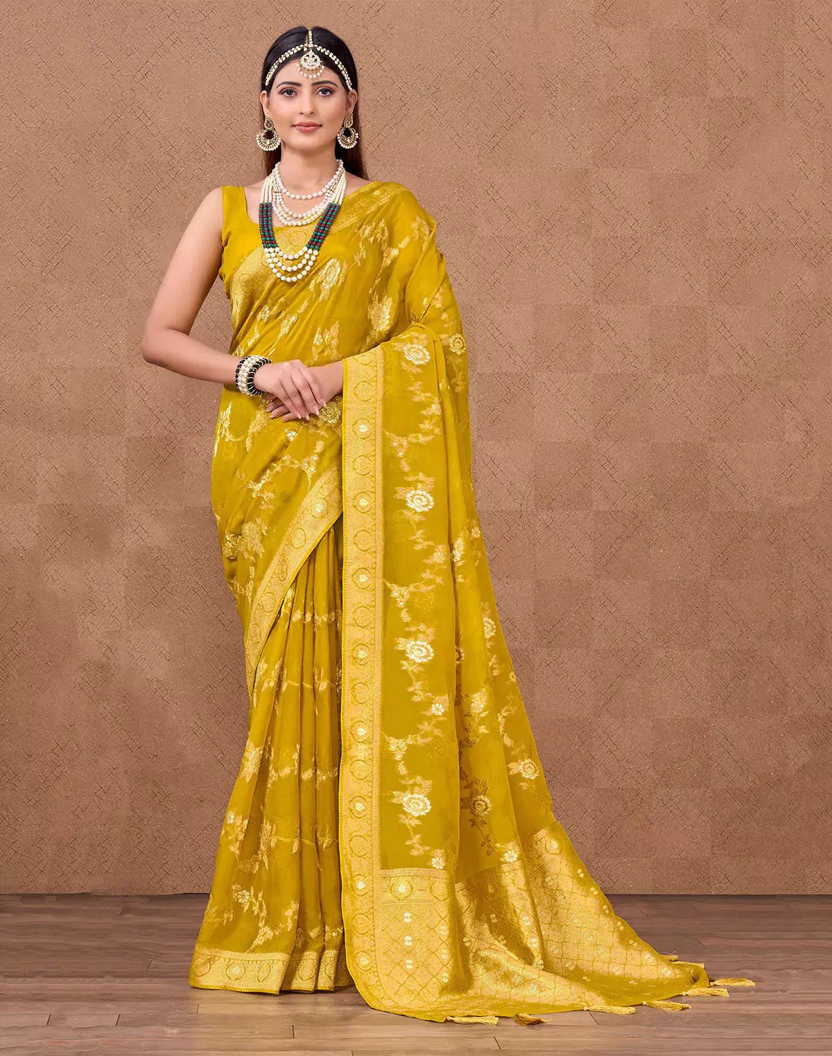 Image of All Over Floral Design Organza Saree in Yellow - South India Shopping Mall