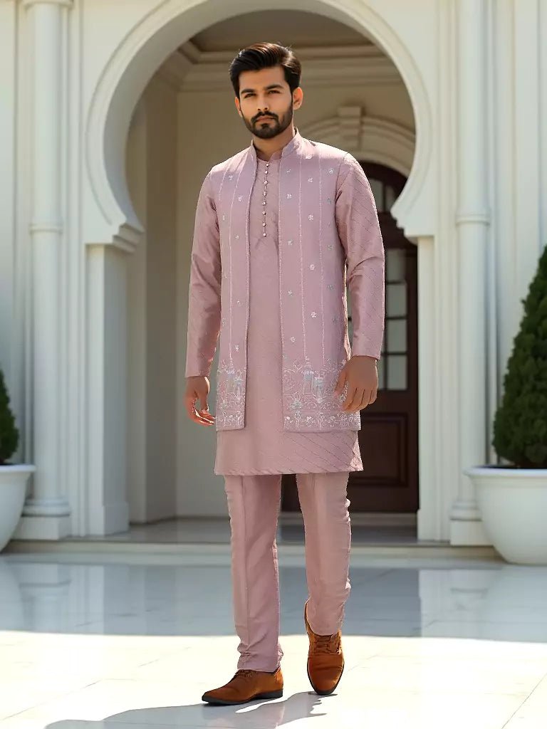 Image of All Over Floral Embroidery Design Onion Raw Silk Kurta Set - South India Shopping Mall