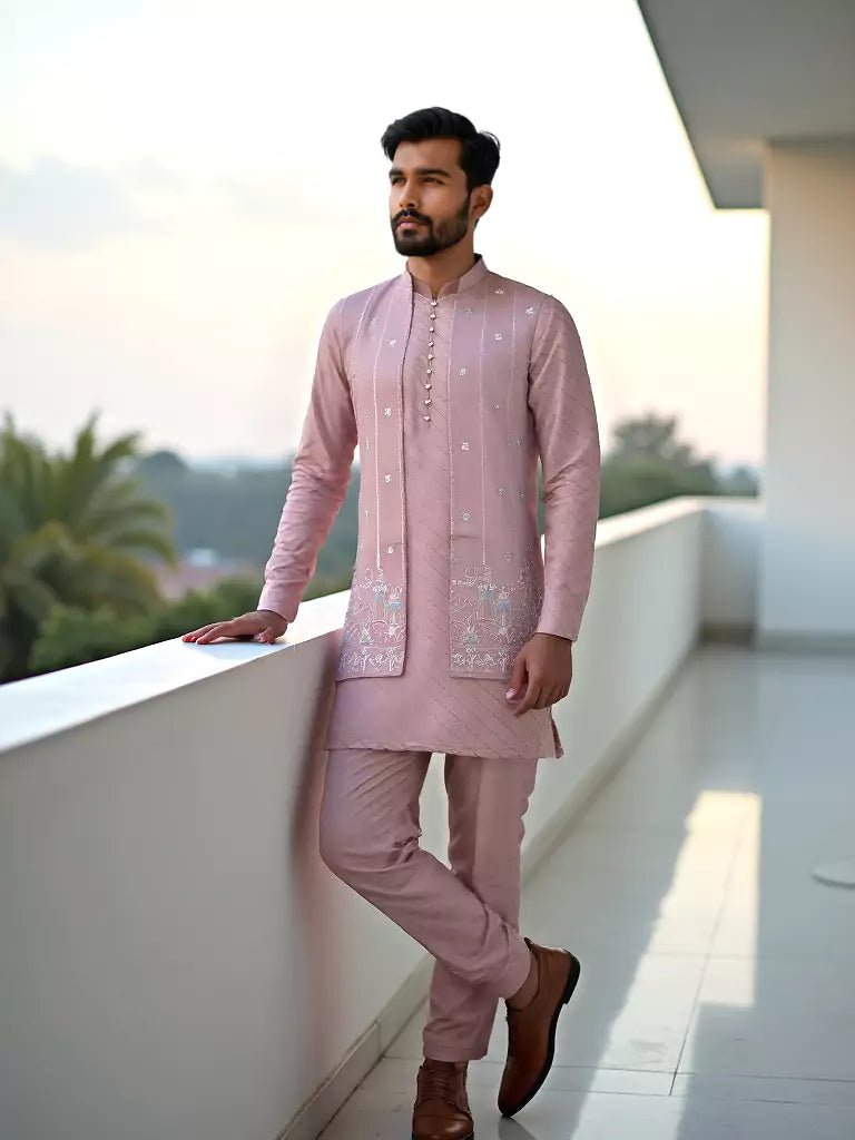 Image of All Over Floral Embroidery Design Onion Raw Silk Kurta Set - South India Shopping Mall
