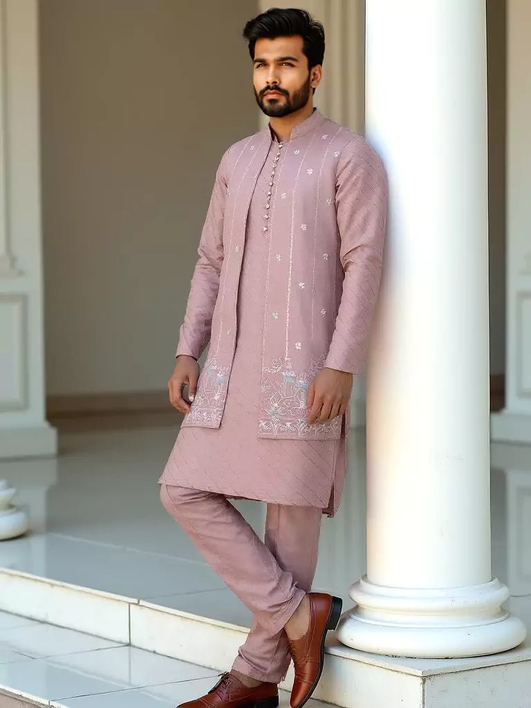 Image of All Over Floral Embroidery Design Onion Raw Silk Kurta Set - South India Shopping Mall