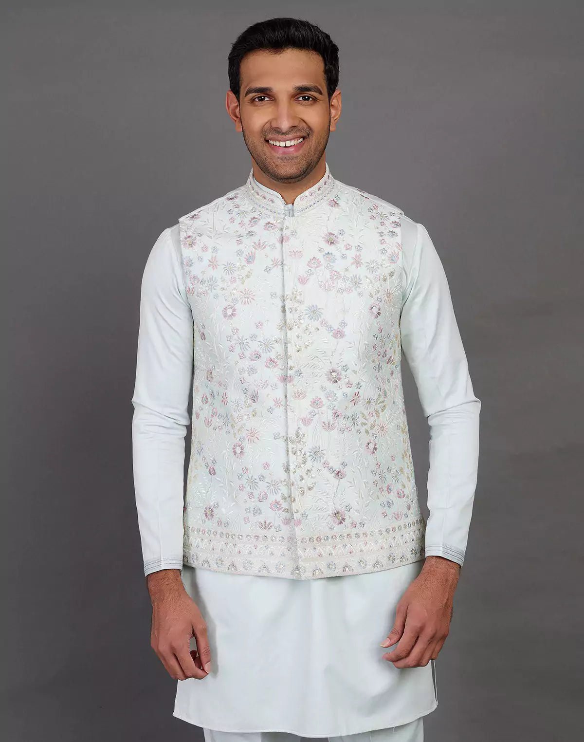 Image of All Over Floral Embroidery Work Jacquard Sky Blue Kurta Jacket Set - South India Shopping Mall