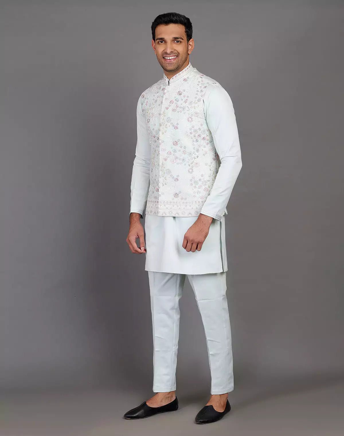 Image of All Over Floral Embroidery Work Jacquard Sky Blue Kurta Jacket Set - South India Shopping Mall