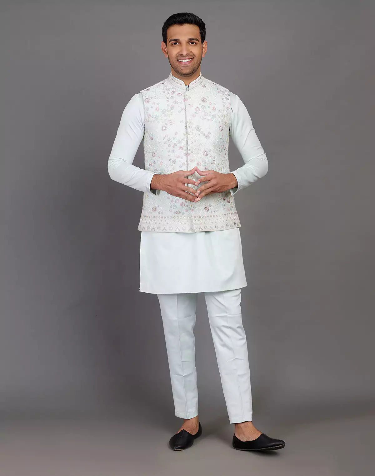 Image of All Over Floral Embroidery Work Jacquard Sky Blue Kurta Jacket Set - South India Shopping Mall