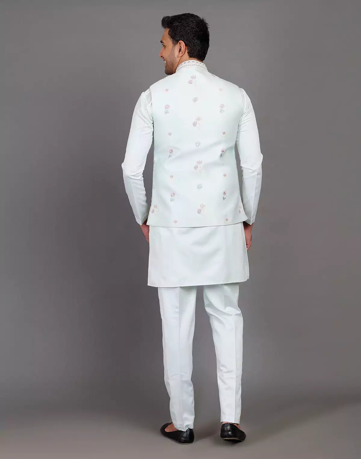 Image of All Over Floral Embroidery Work Jacquard Sky Blue Kurta Jacket Set - South India Shopping Mall