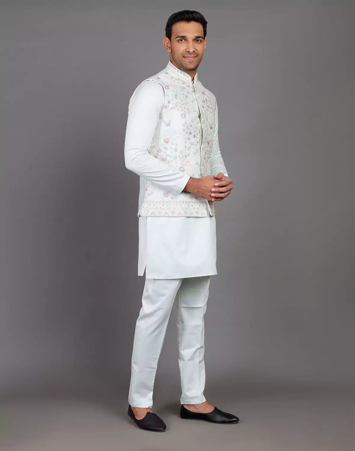 Image of All Over Floral Embroidery Work Jacquard Sky Blue Kurta Jacket Set - South India Shopping Mall