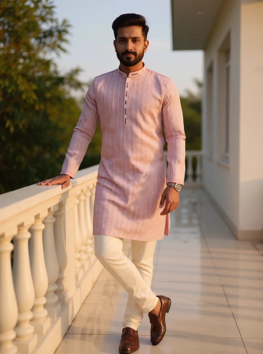 All Over Floral Embroidery work Raw Silk Onion Coloured Kurta Pyjama Set - South India Shopping Mall