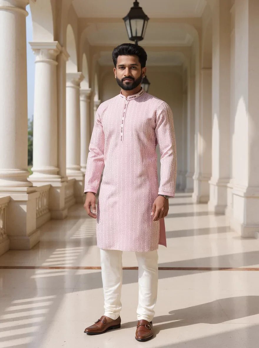 All Over Floral Embroidery work Raw Silk Onion Coloured Kurta Pyjama Set - South India Shopping Mall