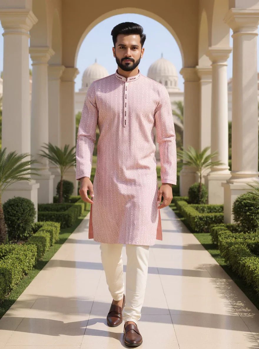 All Over Floral Embroidery work Raw Silk Onion Coloured Kurta Pyjama Set - South India Shopping Mall