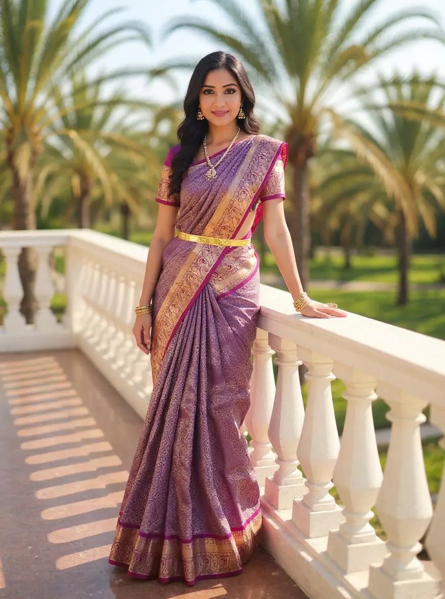 Image of All Over Floral Golden Zari Kanhci Pattu Royal Blue Saree - South India Shopping Mall