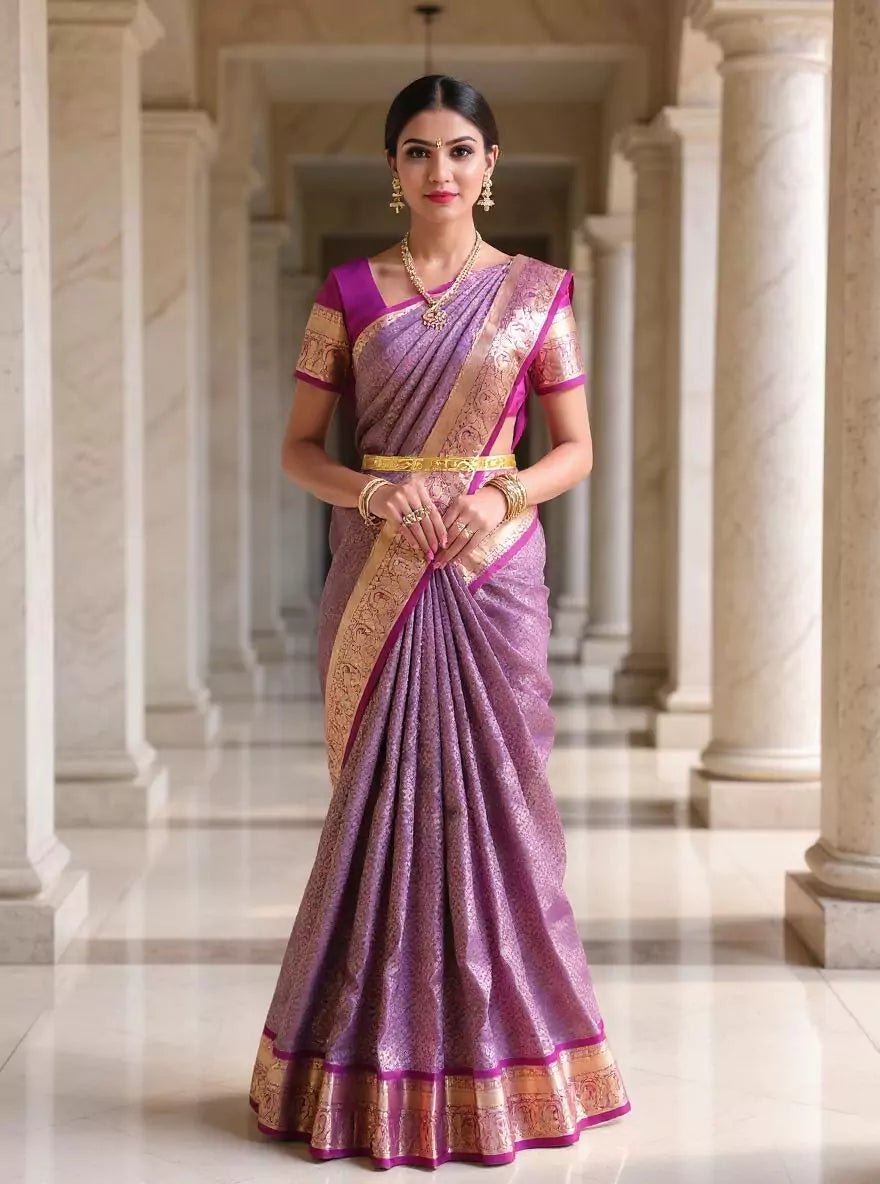 Image of All Over Floral Golden Zari Kanhci Pattu Royal Blue Saree - South India Shopping Mall