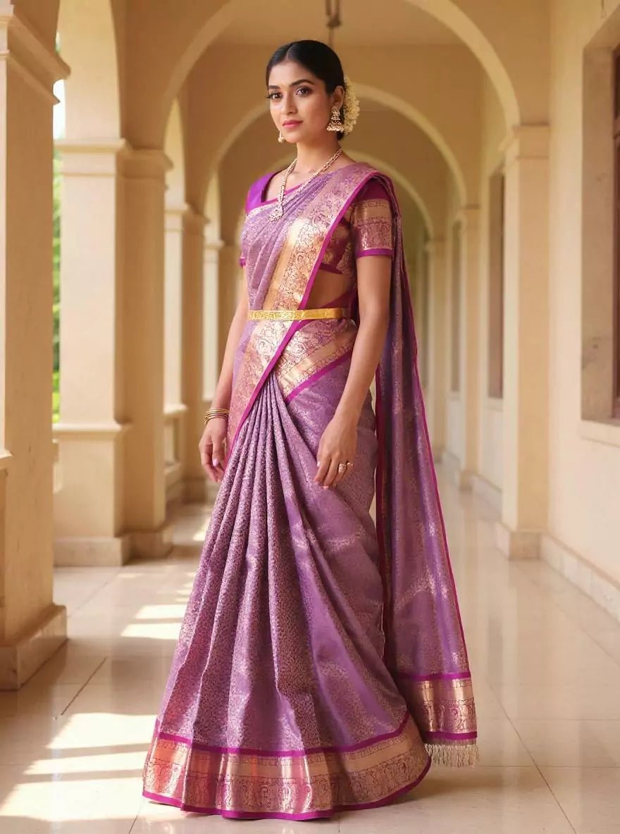 Image of All Over Floral Golden Zari Kanhci Pattu Royal Blue Saree - South India Shopping Mall