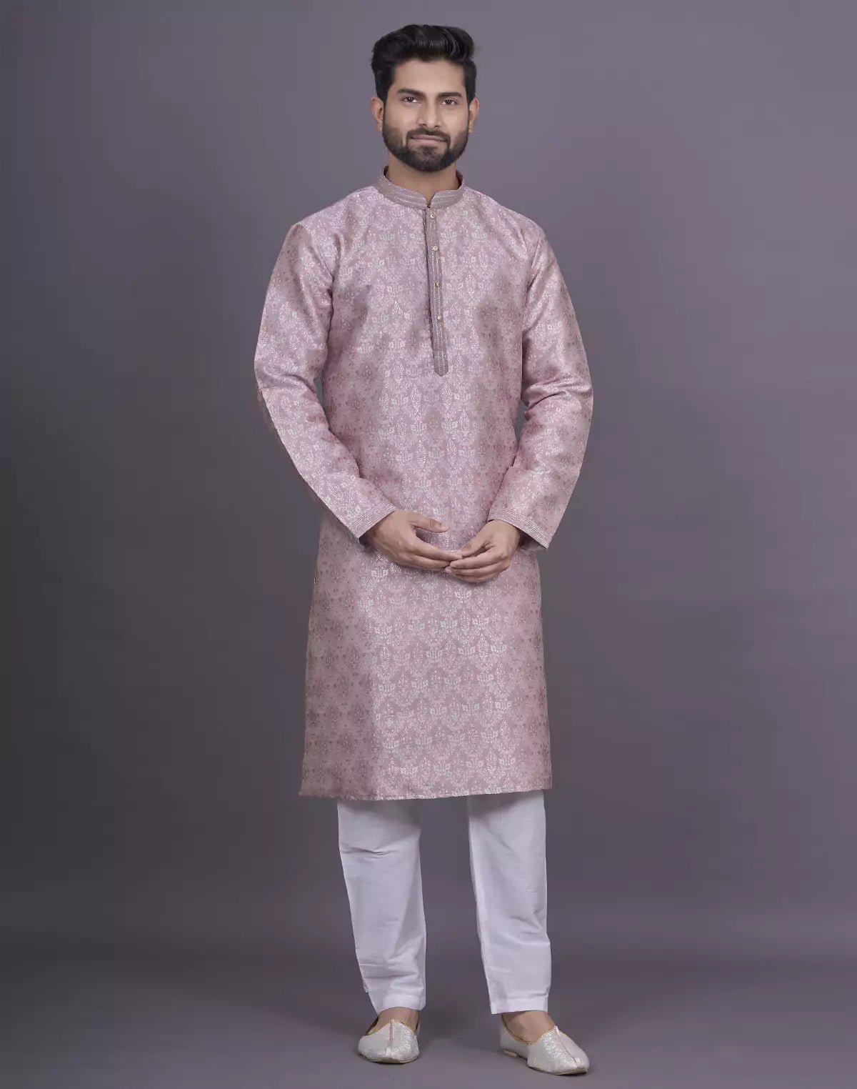 Image of All Over Floral Motifs Onion Coloured Soft Silk Kurta Pyjama Set - South India Shopping Mall