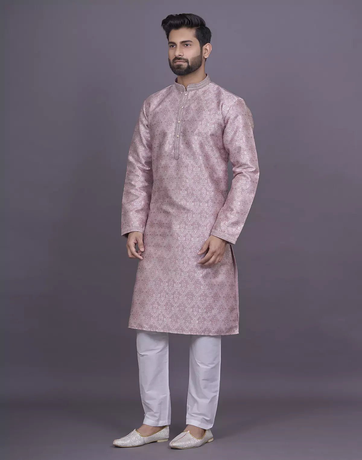 Image of All Over Floral Motifs Onion Coloured Soft Silk Kurta Pyjama Set - South India Shopping Mall