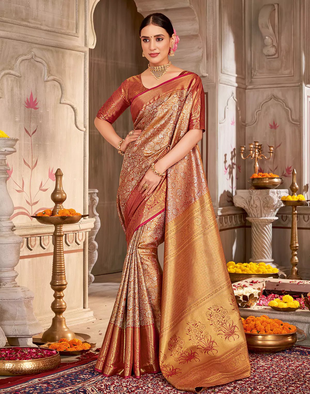 Image of All Over Floral Motifs Tissue Jaal Kanchi Pattu Silk Saree - South India Shopping Mall