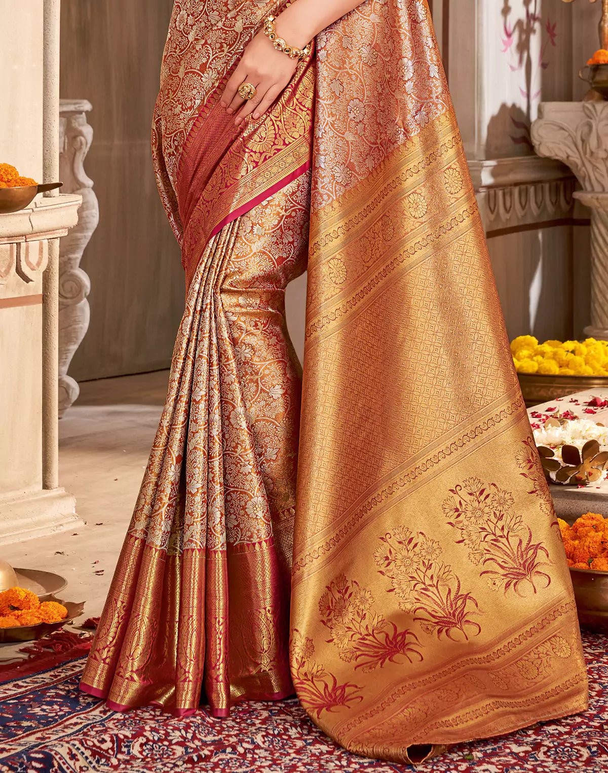 Image of All Over Floral Motifs Tissue Jaal Kanchi Pattu Silk Saree - South India Shopping Mall