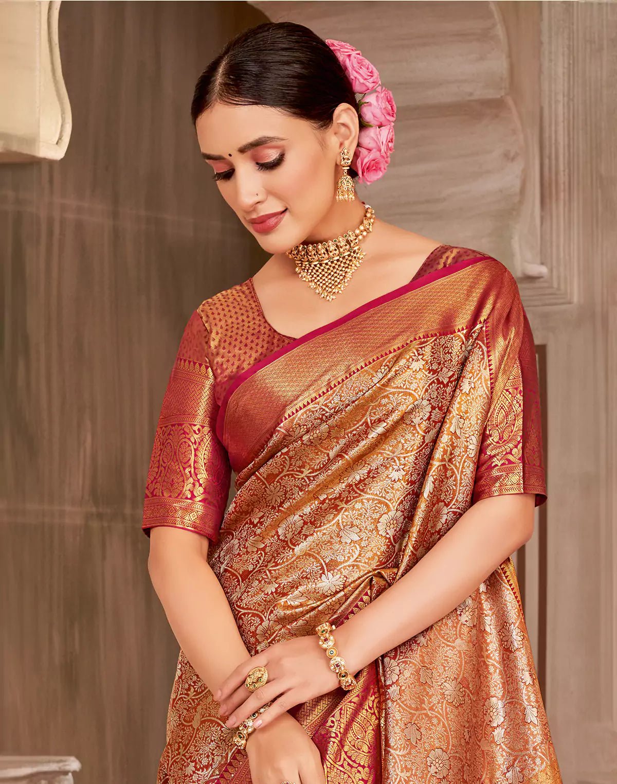 All Over Floral Motifs Tissue Jaal Kanchi Pattu Silk Saree - South India Shopping Mall