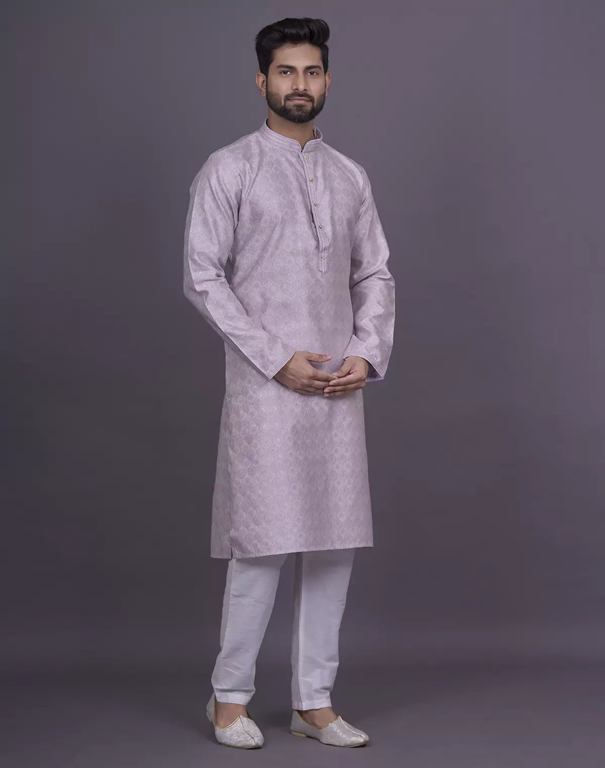 Image of All Over Floral Patterned Purple Soft Silk Elegance Kurta Pajama - South India Shopping Mall