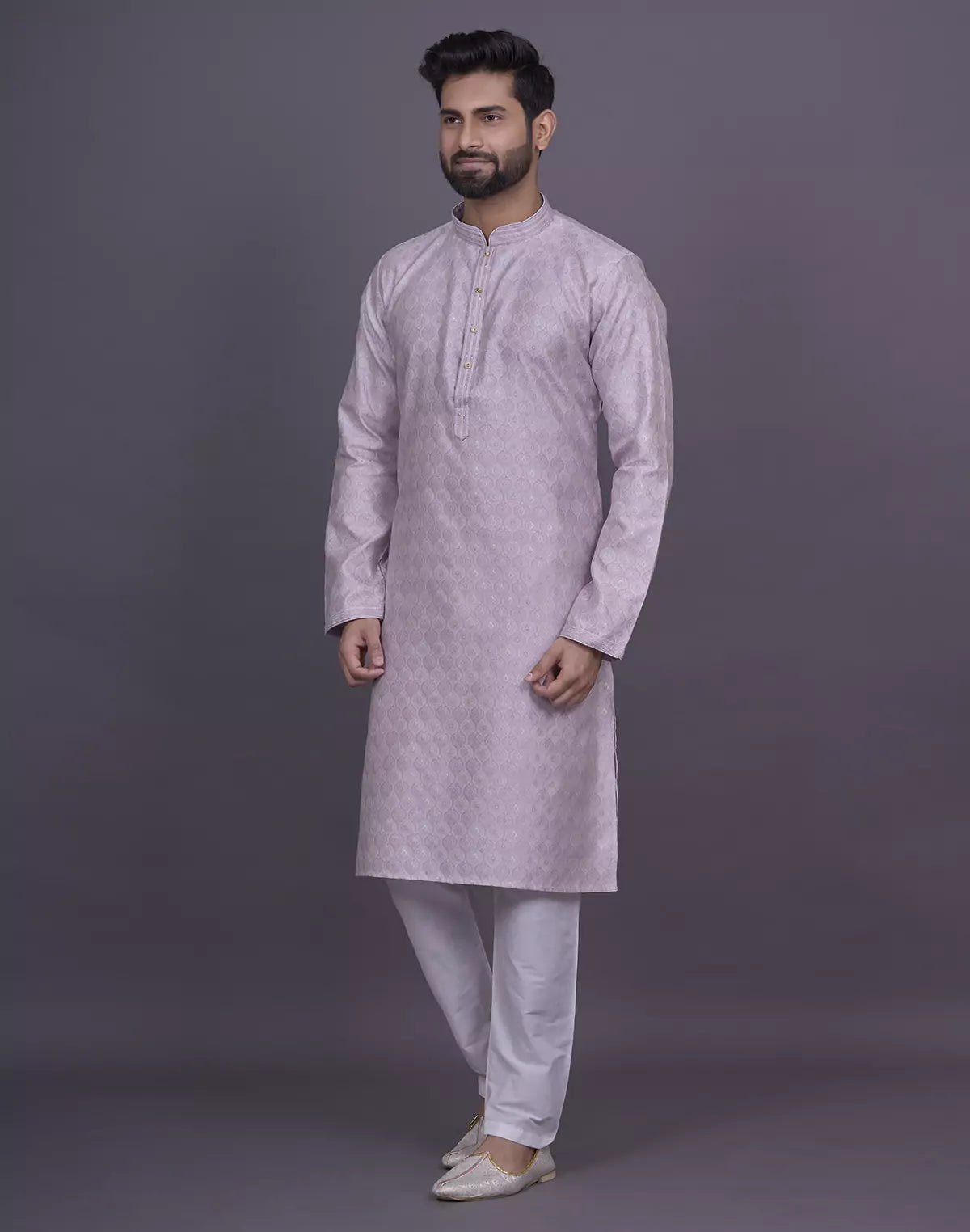 Image of All Over Floral Patterned Purple Soft Silk Elegance Kurta Pajama - South India Shopping Mall