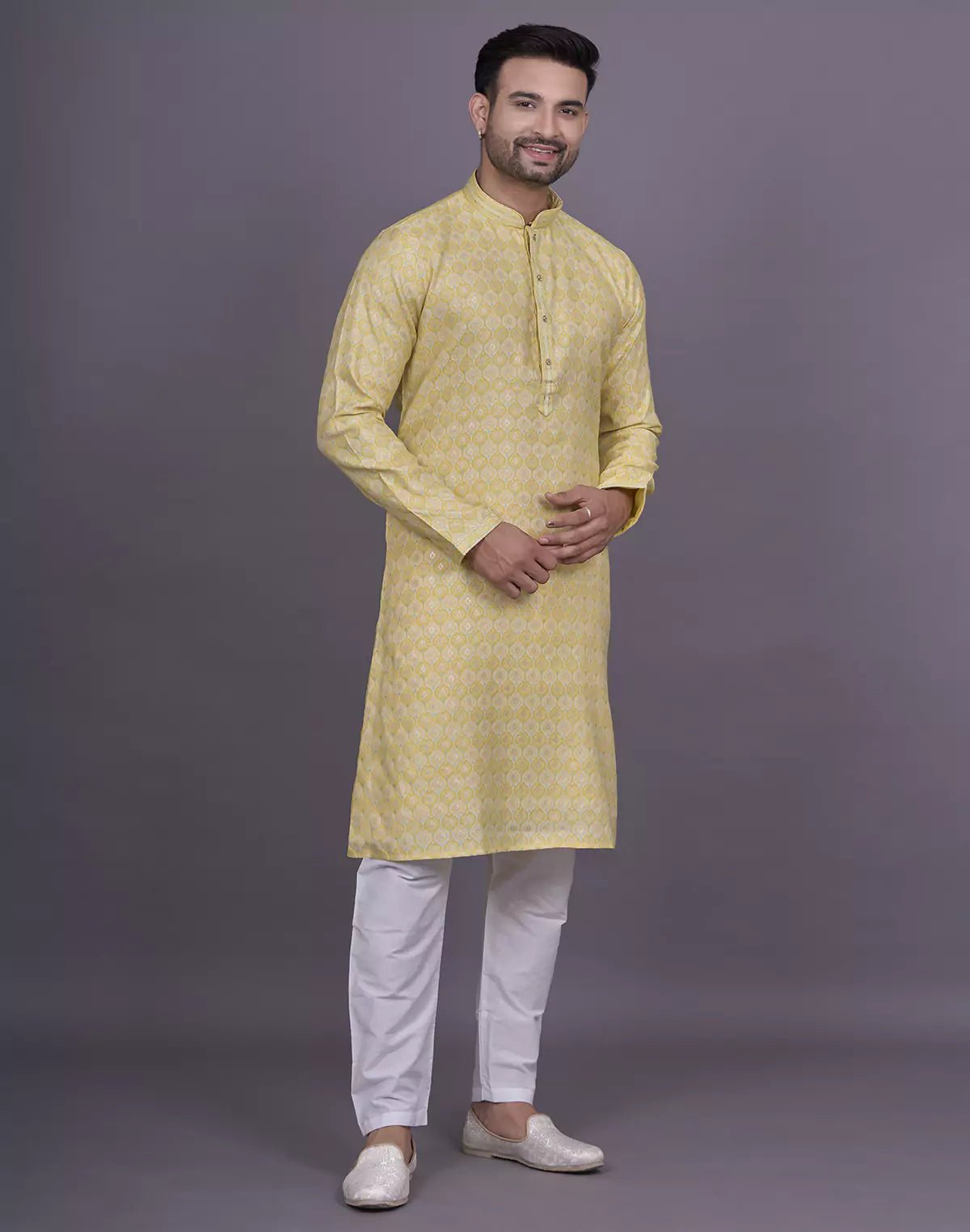 Image of All Over Floral Patterned Yellow Soft Silk Elegance Kurta Pajama - South India Shopping Mall