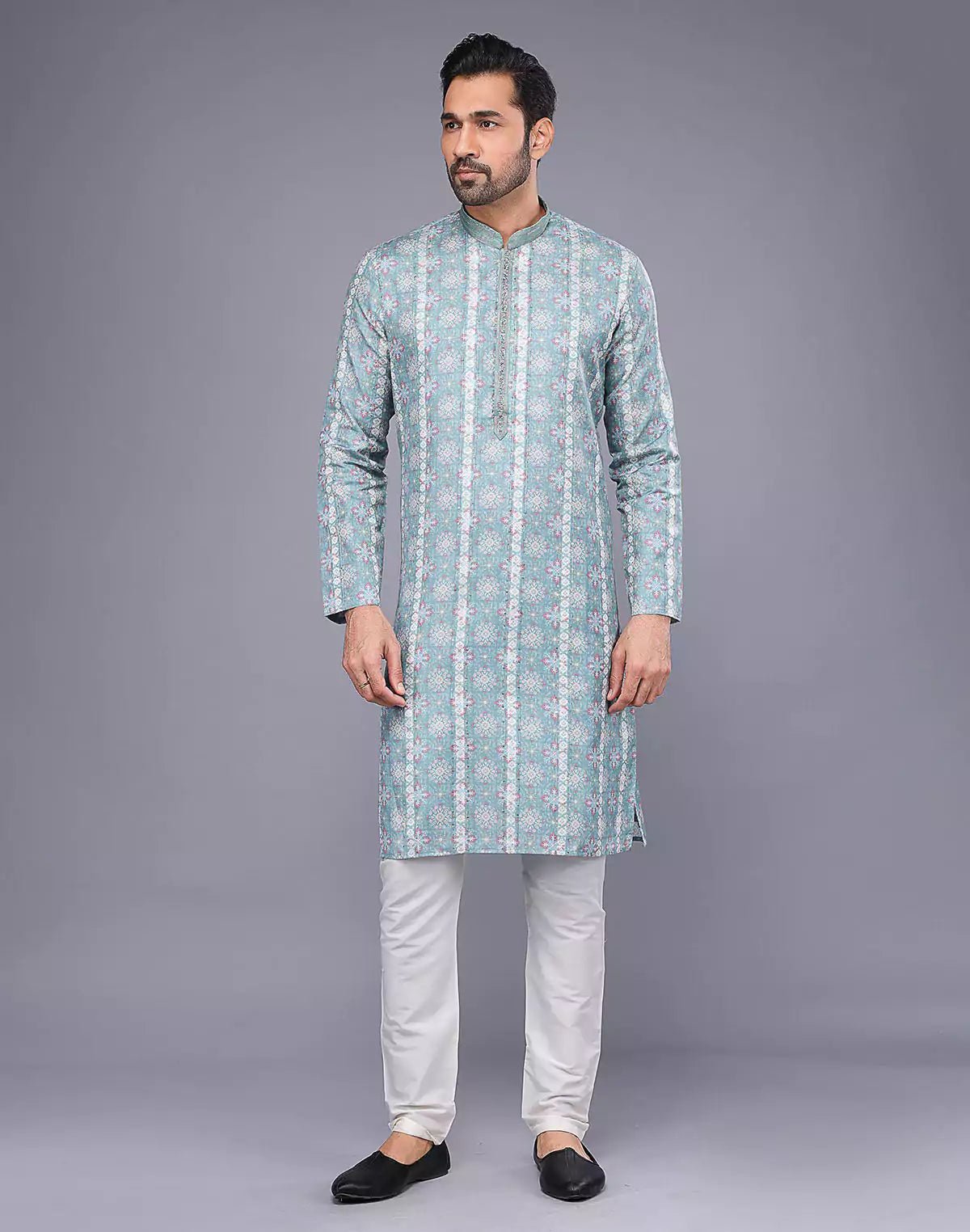 Image of All Over Floral Print Sea Green Soft Silk Kurta Pyjama Set - South India Shopping Mall